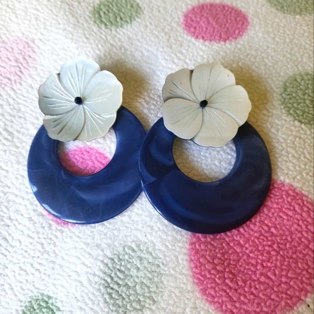 Anthropologie Bakelite Blue & Gray Floral Earrings